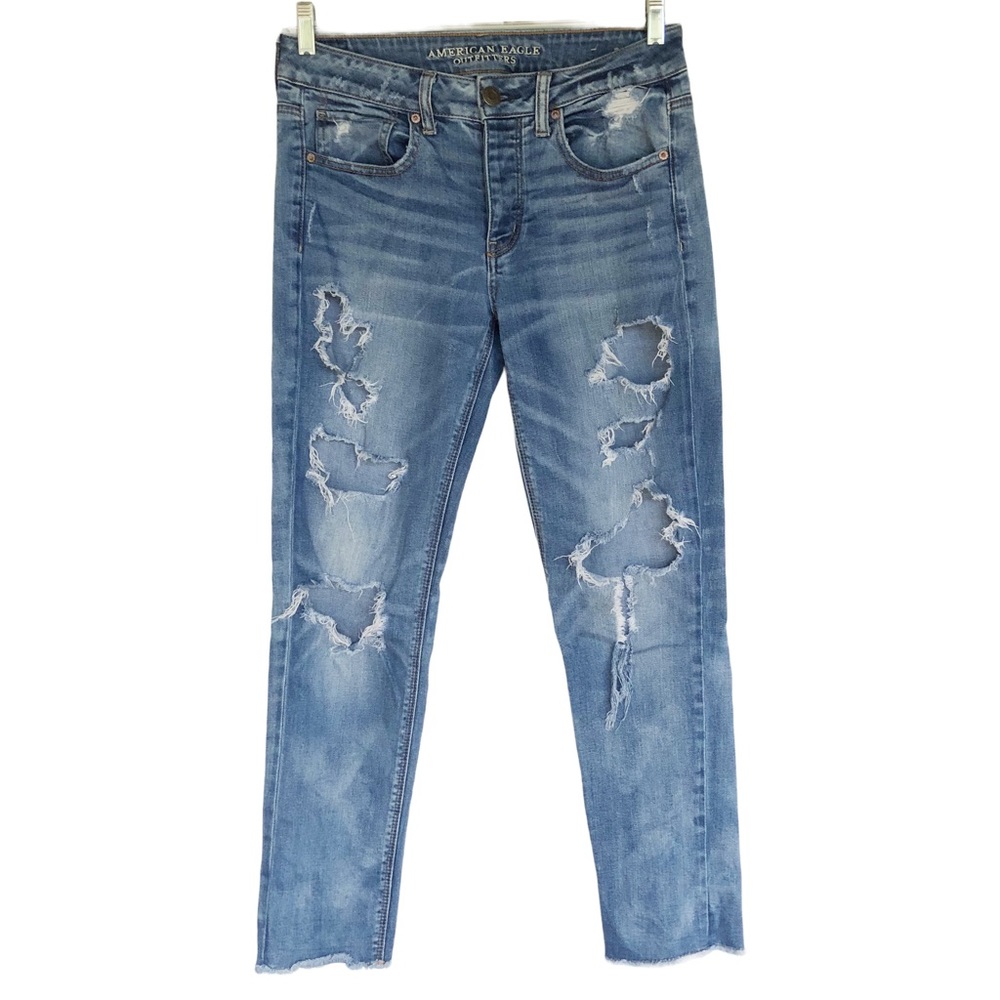 American Eagle Tomgirl Jeans Womens Sz 4 Stretch Destroyed Distressed Boyfriend